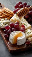 Gourmet Cheese Board Platter: Honey Drizzle on Soft Cheese with Grapes.