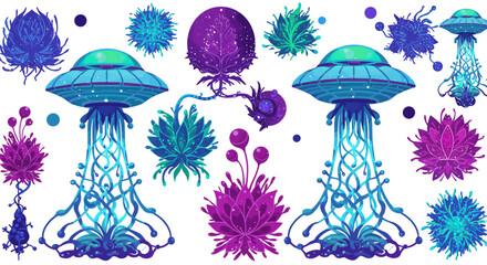 whimsical alien plants and ufo illustration in a fantastical garden evoking wonder and a dreamy vibe perfect for sci-fi book covers