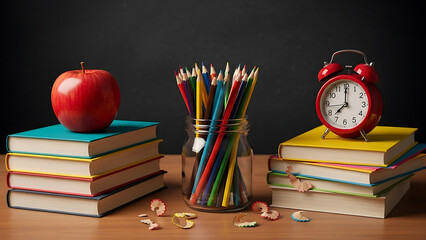 Back to school supplies with apple and alarm clock