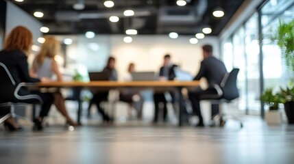 Blurred view of dynamic professionals collaborating in modern office, brainstorming ideas for innovative project success in a bright and vibrant workspace