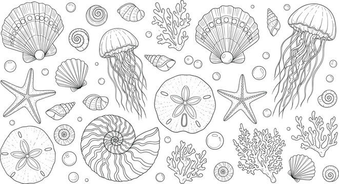 Intricate Black and White Seamless Vector Pattern of Hand-Drawn Underwater Elements, Featuring Shells, Coral, Starfish, and Jellyfish, Ideal for Ocean-Themed Design and Adult Coloring Books.