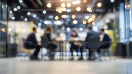 Fototapeta premium Blurred view of dynamic team collaboration in modern office space, fostering innovation and strategic planning for successful business outcomes