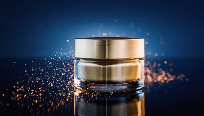 A glass cosmetic jar with a gold lid sits on a reflective surface with sparkling gold particles