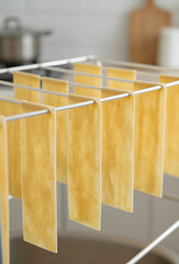 Fresh pasta hanging from drying rack natural kitchen scene