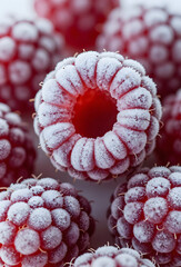 Frozen raspberries covered in frost macro detail