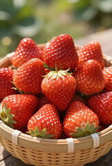 Pile of ripe strawberries in woven basket bright natural daylight