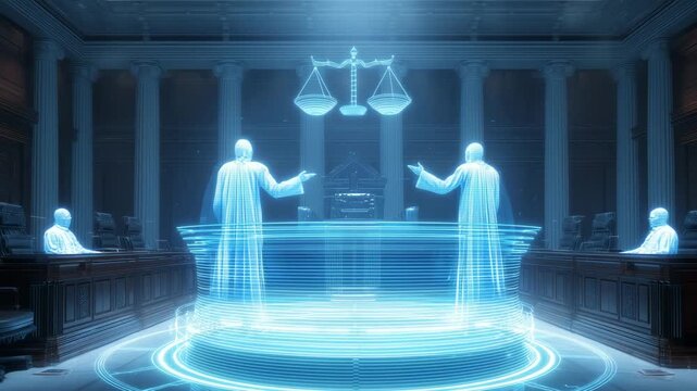 Holograms represent legal arguments and evidence in a courtroom setting during a trial