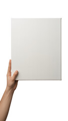Obraz premium Hand holding a blank white square canvas or box, ready for customization, isolated on white background