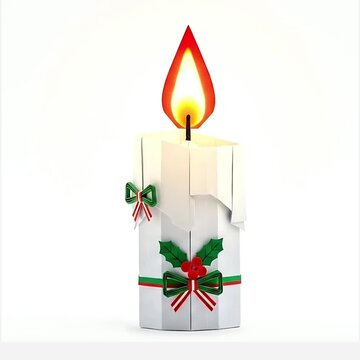 Burning Christmas origami candle, isolated on white background, paper decorations, festive spirit