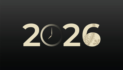 2026 Happy New Year clock countdown background. Greeting festive card vector illustration. Merry holiday poster or wallpaper design