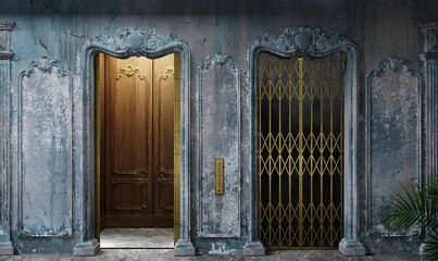 Gated Vintage Elevator with Ornate Frame in Grunge Abandoned Hall © denisik11