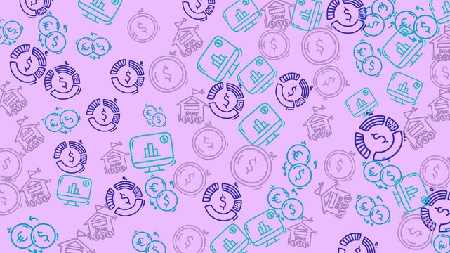 Seamless banking icons pattern on lavender background, ideal for financial websites, presentations, and banking related designs with a modern look.