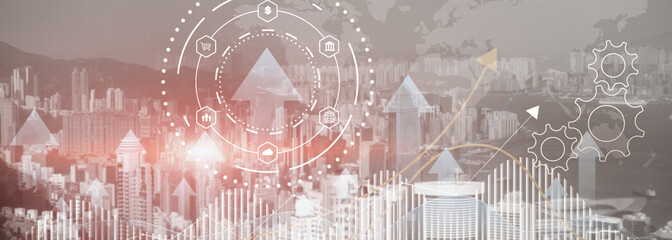 Business process automation concept. Gears and icons on abstract city background