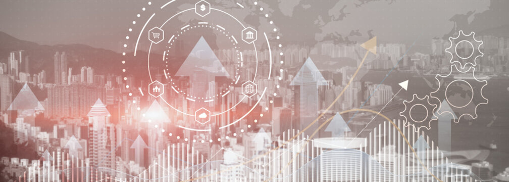 Business process automation concept. Gears and icons on abstract city background - Powered by Adobe