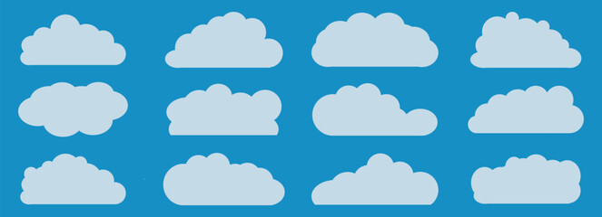 Clouds icon set. White cloud and blue sky vector set.  Cloudy weather comics elements  for  weather forecast, web interface or cloud storage applications.