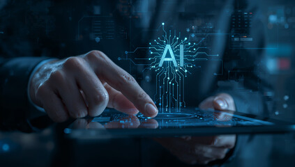 Futuristic interaction with AI through a touchscreen, showcasing technology and digital data visualization