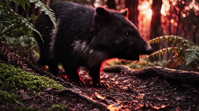 A black animal, possibly a quoll, forages in a sunlit forest, surrounded by greenery