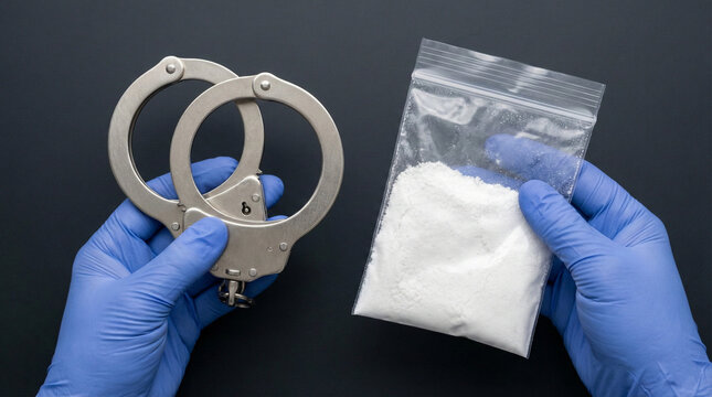 Forensic handcuffs with sealed generic powder evidence pouch on dark matte charcoal background law enforcement concept - Powered by Adobe