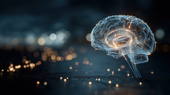 Glowing Digital Brain Representation with Sparkles on Black Background Conceptualizing Artificial Intelligence - Powered by Adobe