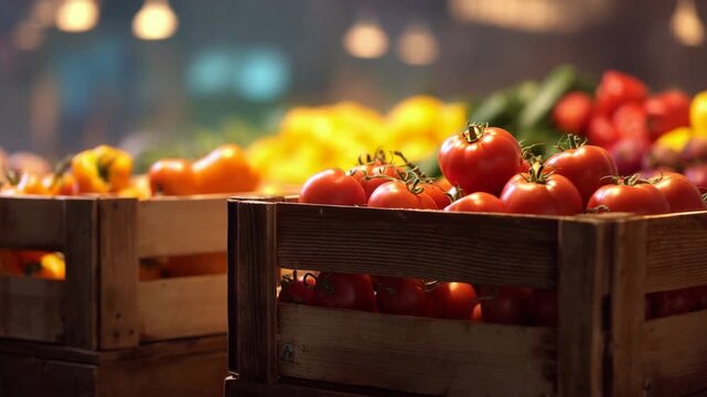 Rustic Wooden Crates Overflowing with Vibrant Tomatoes and Peppers Displayed Under Warm Market Lighting Creating a Fresh and Appetizing Scene Suitable for Adobe Stock