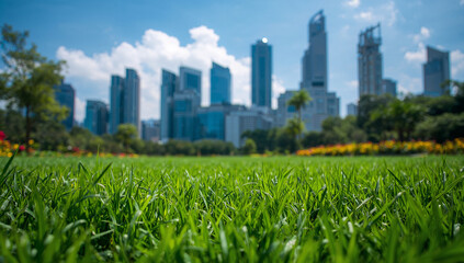 Obraz premium Corporate sustainability is achieved when cities foster green spaces, symbolized by the grass amidst skyscrapers