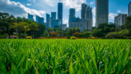 Green initiatives drive corporate responsibility, balancing nature with towering infrastructure in modern cities.
