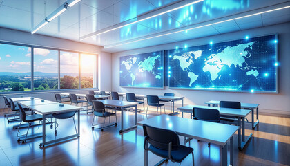 Futuristic AI education concept, digital classroom with holographic displays, 4K.