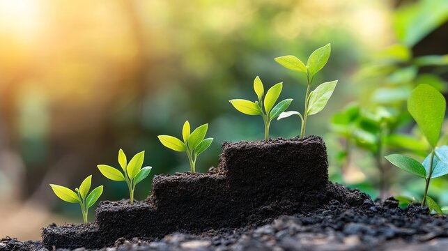 Watch business growth take root with vibrant seedlings emerging from fertile soil, showcasing progress and sustainable success in a natural setting