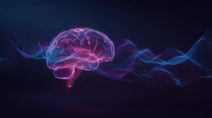 Abstract Digital Depiction Of A Human Brain Illuminated Against A Dark Background With Flowing Blue And Pink Particles