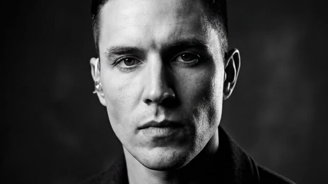 crew cut hairstyle | A man with closed eyes and a subtle frown expresses deep thought or contemplation, highlighted by dramatic monochrome lighting that enhances his facial features