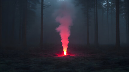 Red smoke in dark forest landscape