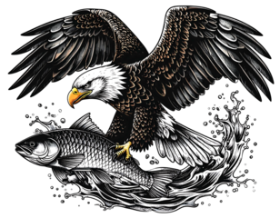 Illustration of a majestic eagle with outstretched wings catching a large fish amid swirling water