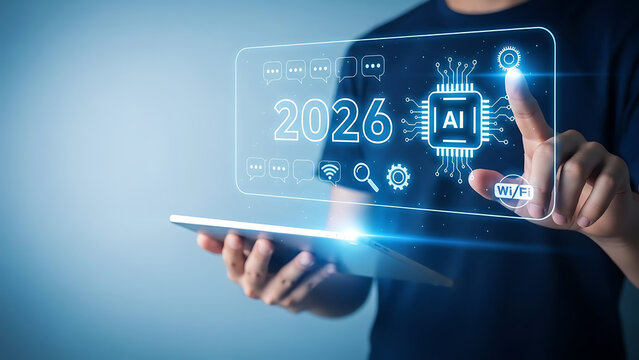 Man interacting with ai hologram on tablet  - Powered by Adobe