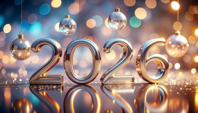 Celebrate a bright, shimmering 2026 New Year with festive gold lettering and bokeh lights, perfect for holiday greetings and sparkling event promotions - Powered by Adobe