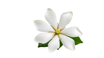 Single white gardenia flower with green leaf isolated on transparent background