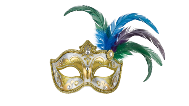 Ornate gold and white masquerade mask with colorful feather accent isolated on transparent background