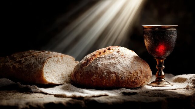 Rustic Bread Loaves And A Chalice Of Red Wine Lit By Dramatic Sunlight