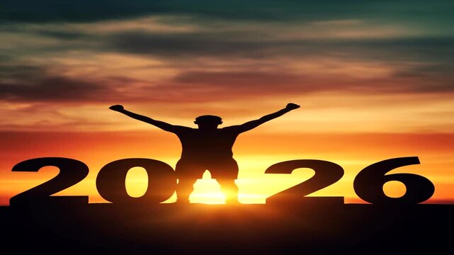 Silhouette of a person jumping with arms outstretched between large 2026 numbers at sunset