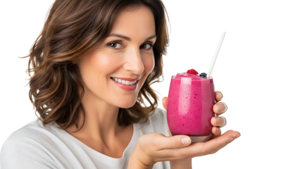 Smiling woman holding a vibrant pink berry smoothie isolated on transparent background