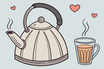 A cute cartoon illustration of a steaming kettle pouring hot water, paired with a glass of creamy masala chai, surrounded by little pink hearts – capturing the warm, comforting vibe of chai time.