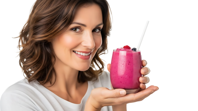 Smiling woman holding a vibrant pink berry smoothie isolated on transparent background - Powered by Adobe