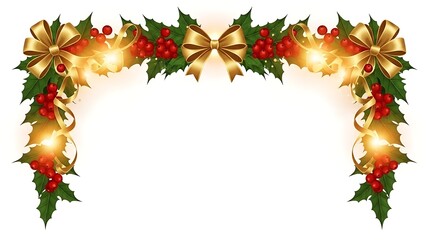 Festive golden bows green holly and red berries archway Christmas