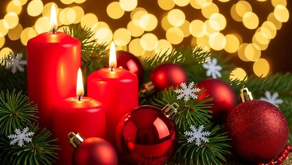 Four lit red candles with pine branches and red ornaments Christmas