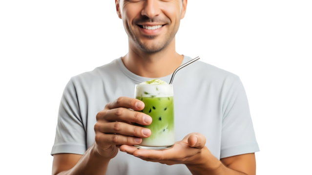 Smiling man holding a glass of green matcha latte drink isolated on transparent background - Powered by Adobe
