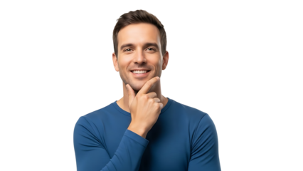Smiling man in blue shirt touching chin, isolated on transparent background
