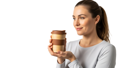 Woman holding reusable bamboo coffee cup isolated on transparent background