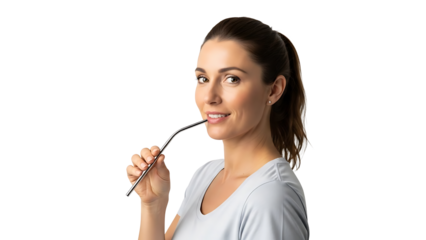 Young woman biting on eyeglasses arm isolated on transparent background