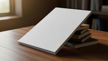 Fototapeta premium Blank Book Cover Mockup on Wooden Table with Natural Light.
