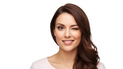 Smiling young woman with long brown hair winking isolated on transparent background