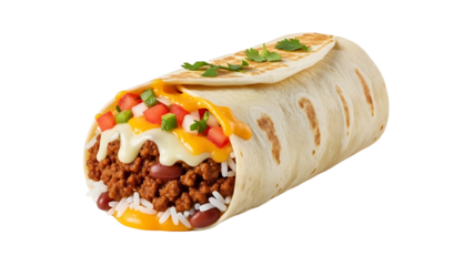 Delicious beef burrito with cheese, rice, and beans isolated on transparent background